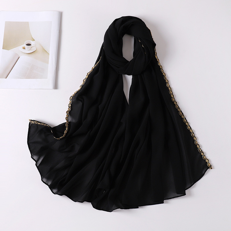 Pearl chiffon material scarf lace chain wrap head gauze head scarf wholesale