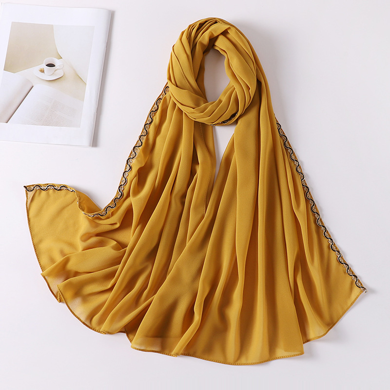 Pearl chiffon material scarf lace chain wrap head gauze head scarf wholesale