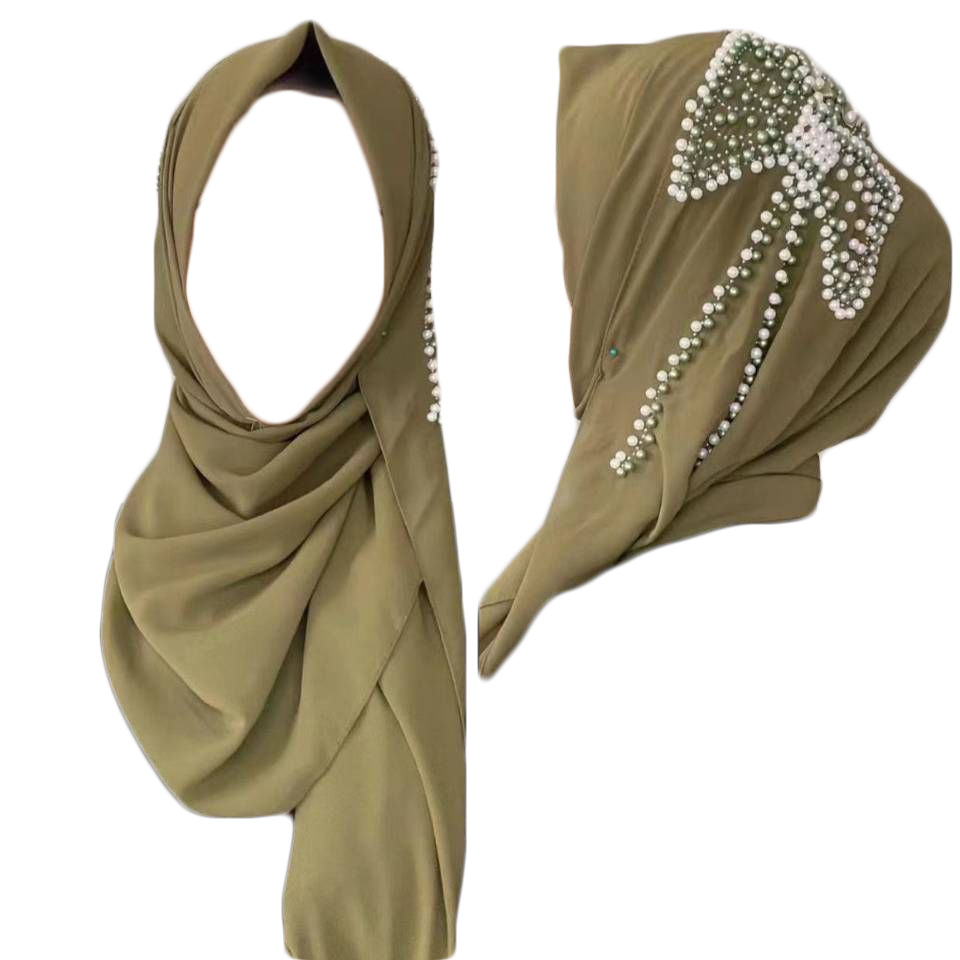 Pearl chiffon butterfly beaded headscarf ladies monochrome scarf wholesale