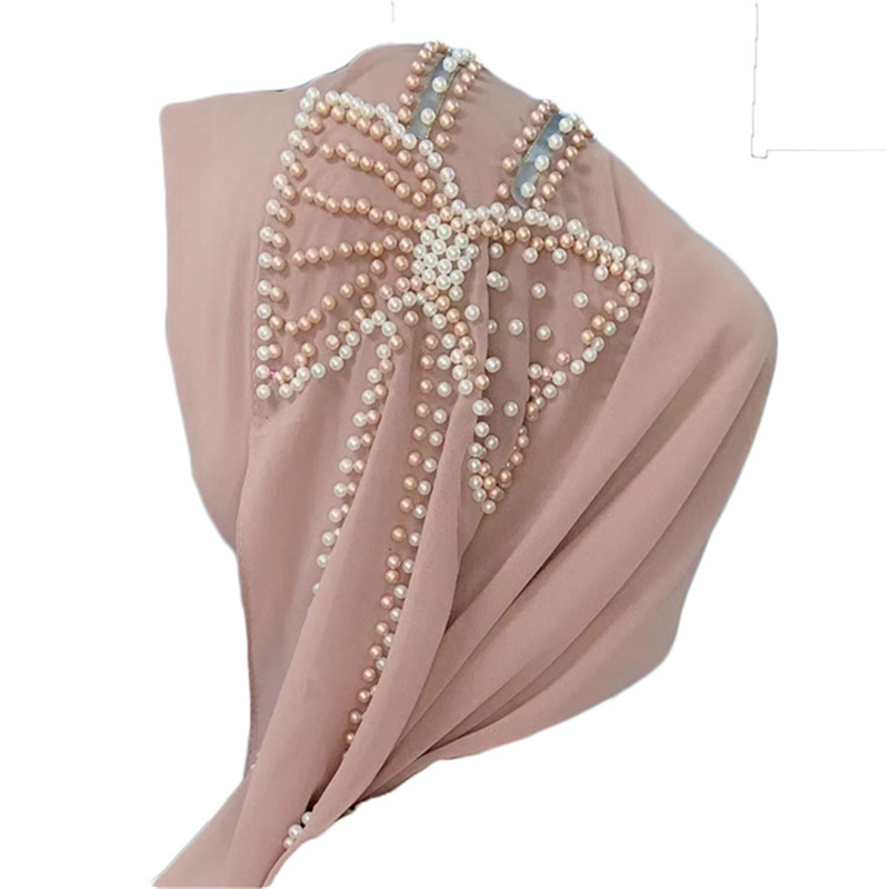 Pearl chiffon butterfly beaded headscarf ladies monochrome scarf wholesale