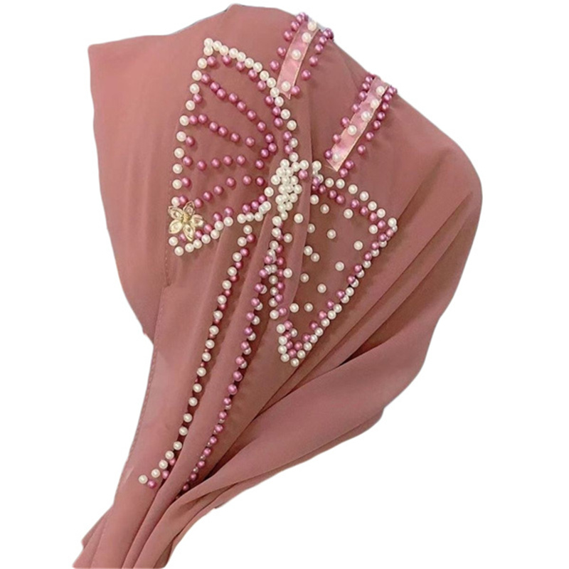 Pearl chiffon butterfly beaded headscarf ladies monochrome scarf wholesale