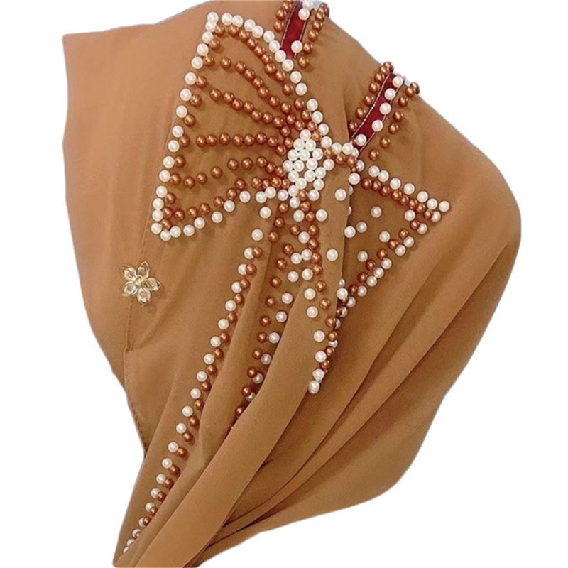 Pearl chiffon butterfly beaded headscarf ladies monochrome scarf wholesale