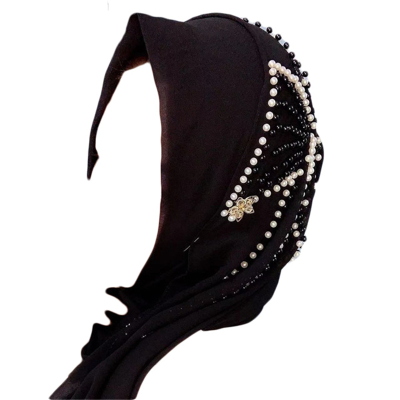 Pearl chiffon butterfly beaded headscarf ladies monochrome scarf wholesale