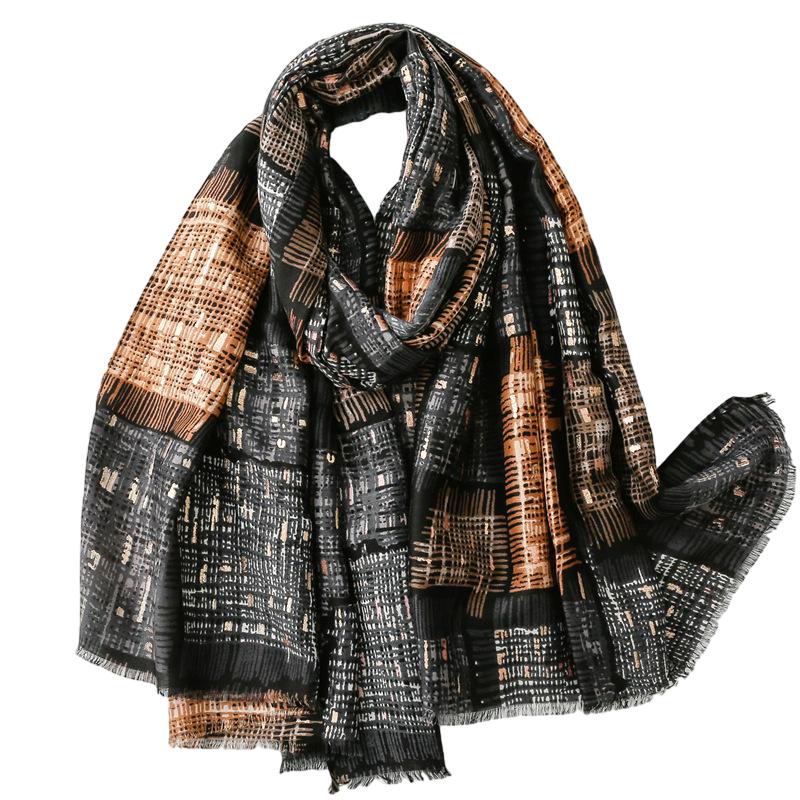 Wholesale cotton linen scarf hot stamping plaid warm shawl for women