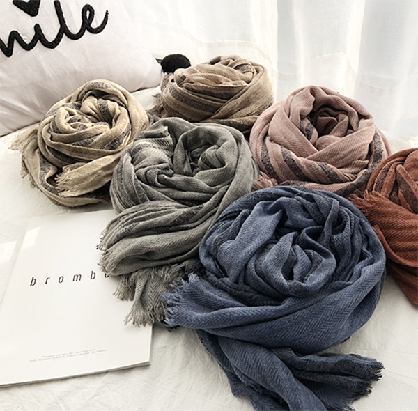 Cotton linen scarf womens autumn and winter new solid color striped scarf pleated scarf womens shawl bag headscarf