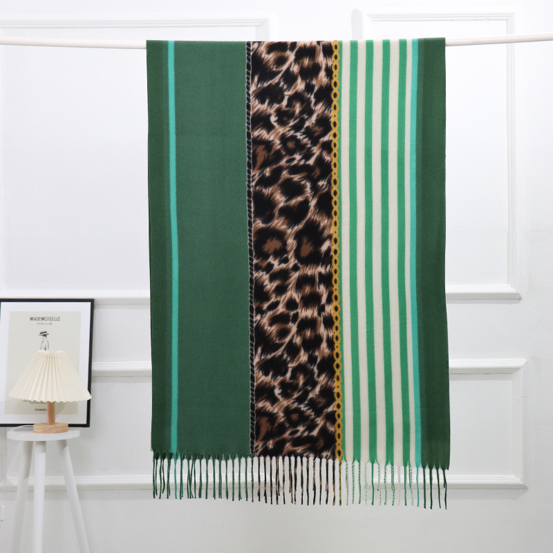 New fashion versatile imitation cashmere horizontal and vertical stripes leopard print stinged scarf shawl womens wholesale