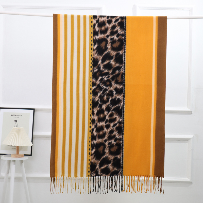 New fashion versatile imitation cashmere horizontal and vertical stripes leopard print stinged scarf shawl womens wholesale