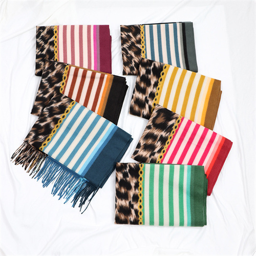 New fashion versatile imitation cashmere horizontal and vertical stripes leopard print stinged scarf shawl womens wholesale