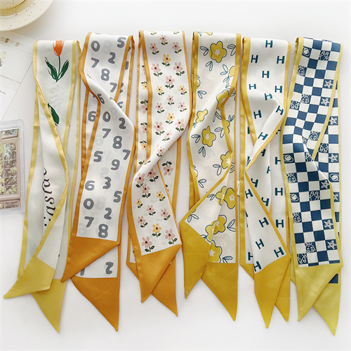 Printed silk scarf hairband yellow small strip pointed scarf streamer thin bag decorated scarf