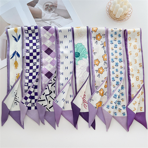 Summer double sided printed small silk scarf hairband dual purpose streamer tie bag tied hair scarf