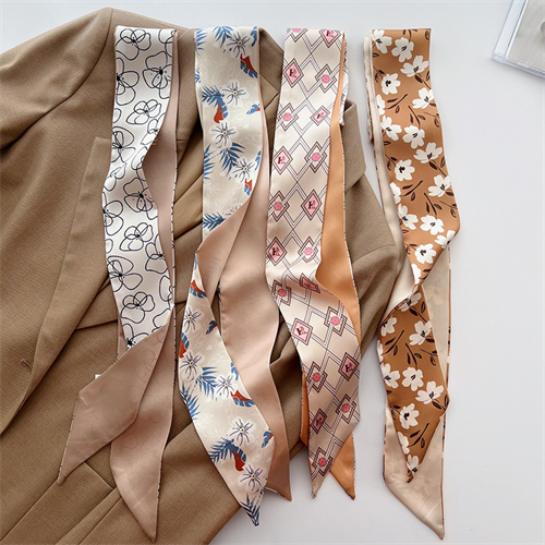 Khaki nude scarf print small long female hairband tied bag decorated streamer shirt suit scarf