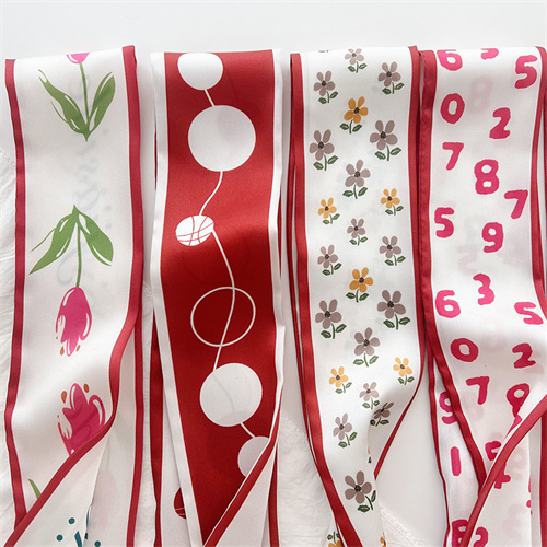 Red double sided small silk scarf womens print decorative tie bag imitation silk streamer long scarf