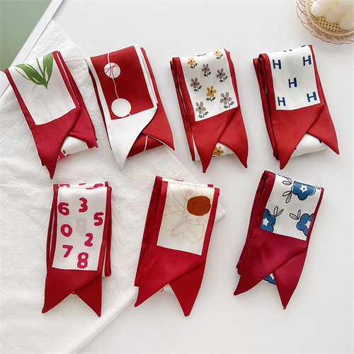 Red double sided small silk scarf womens print decorative tie bag imitation silk streamer long scarf