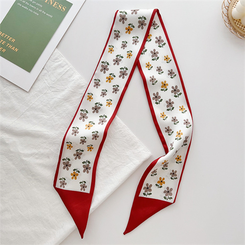 Red double sided small silk scarf womens print decorative tie bag imitation silk streamer long scarf