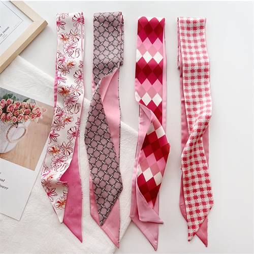 Berry powder French small silk scarf tied hair tied hair long thin scarf womens spring and summer