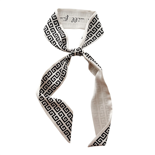 Black and white small silk scarf women 2023 new long hairband decorative scarf