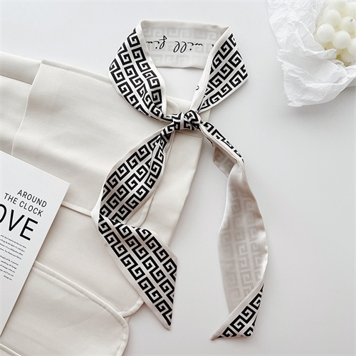 Black and white small silk scarf women 2023 new long hairband decorative scarf