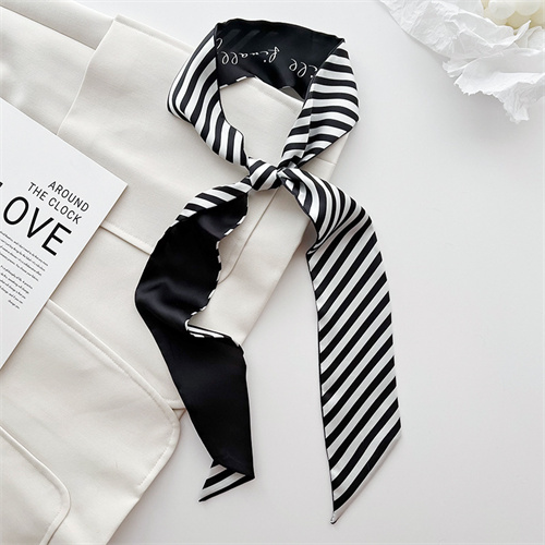 Black and white small silk scarf women 2023 new long hairband decorative scarf