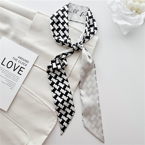 Black and white small silk scarf women 2023 new long hairband decorative scarf