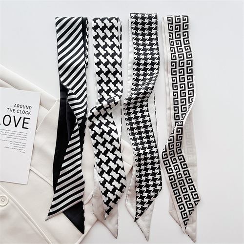 Black and white small silk scarf women 2023 new long hairband decorative scarf