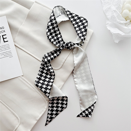 Black and white small silk scarf women 2023 new long hairband decorative scarf