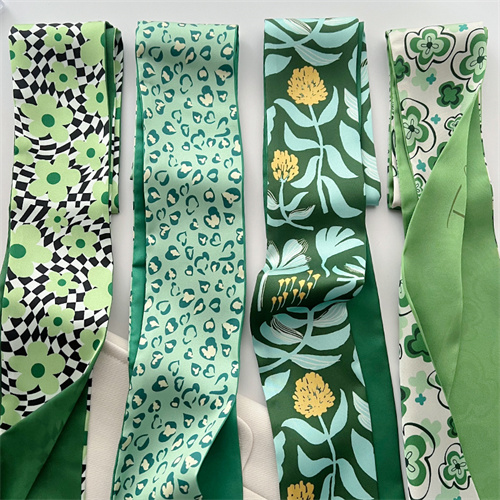 White fresh green soft small silk scarf womens streamer long hairband print scarf