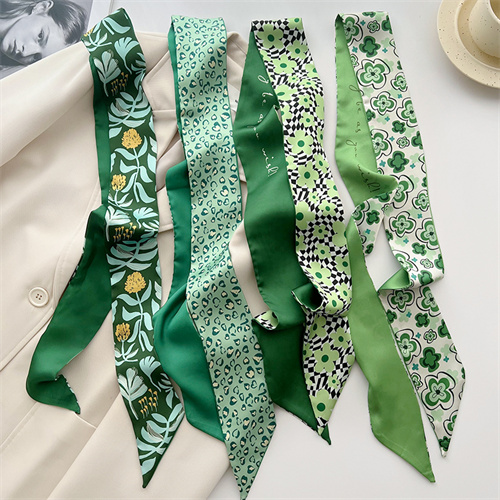 White fresh green soft small silk scarf womens streamer long hairband print scarf