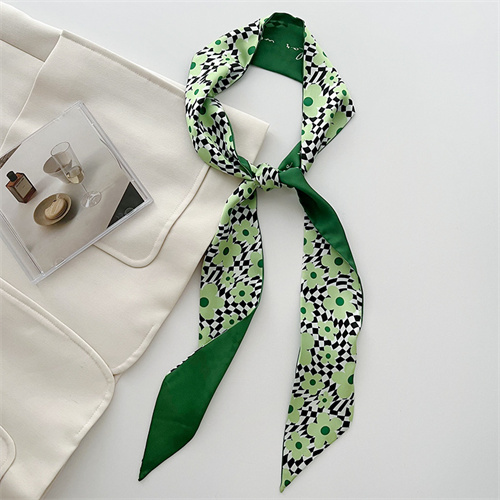 White fresh green soft small silk scarf womens streamer long hairband print scarf
