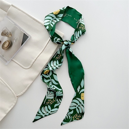 White fresh green soft small silk scarf womens streamer long hairband print scarf