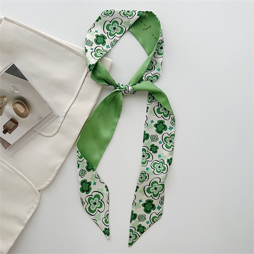 White fresh green soft small silk scarf womens streamer long hairband print scarf