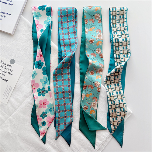 White peacock blue small silk scarf woman tied bag streamer hairband tied hair
