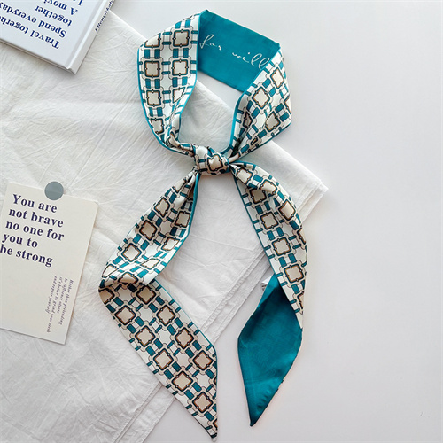 White peacock blue small silk scarf woman tied bag streamer hairband tied hair