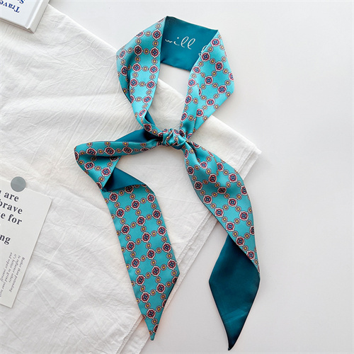White peacock blue small silk scarf woman tied bag streamer hairband tied hair