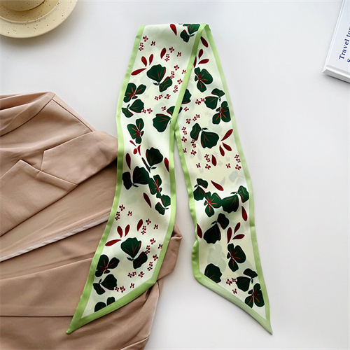 Green silk scarf flowers thin narrow long tied bag bag decorative scarf wholesale