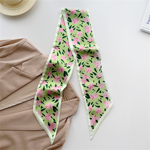 Green silk scarf flowers thin narrow long tied bag bag decorative scarf wholesale