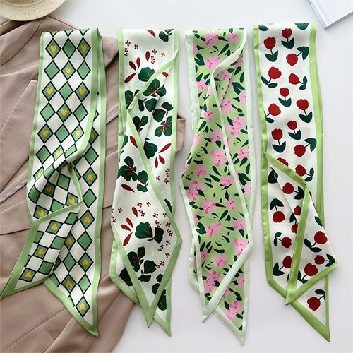 Green silk scarf flowers thin narrow long tied bag bag decorative scarf wholesale