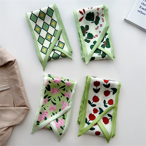 Green silk scarf flowers thin narrow long tied bag bag decorative scarf wholesale