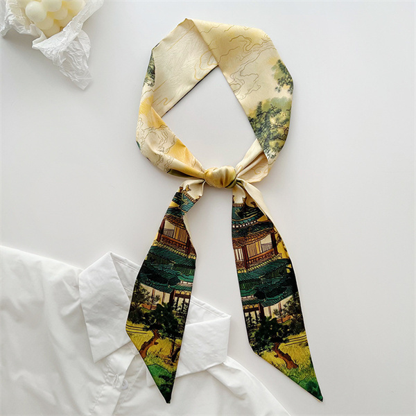 Vintage Chinese style silk scarf small long hairband with shirt high end slim scarf belt tie bag