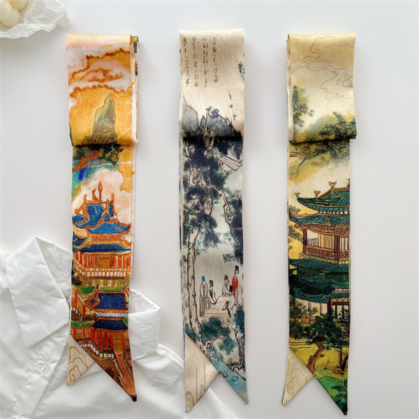 Vintage Chinese style silk scarf small long hairband with shirt high end slim scarf belt tie bag