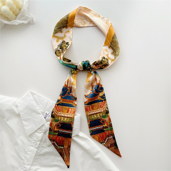 Vintage Chinese style silk scarf small long hairband with shirt high end slim scarf belt tie bag