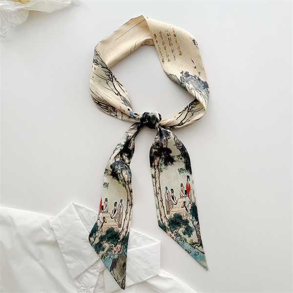 Vintage Chinese style silk scarf small long hairband with shirt high end slim scarf belt tie bag