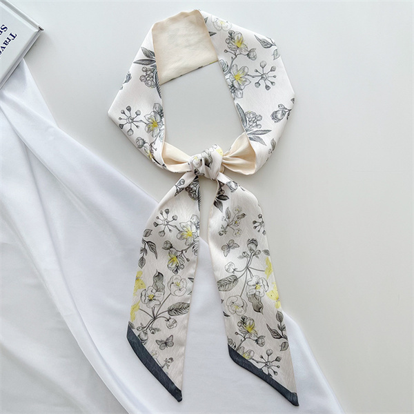 Small silk scarf womens thin long scarf tied hair bag decorated with streamer print silk neck scarf