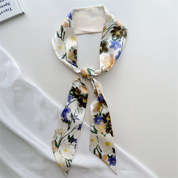 Small silk scarf womens thin long scarf tied hair bag decorated with streamer print silk neck scarf