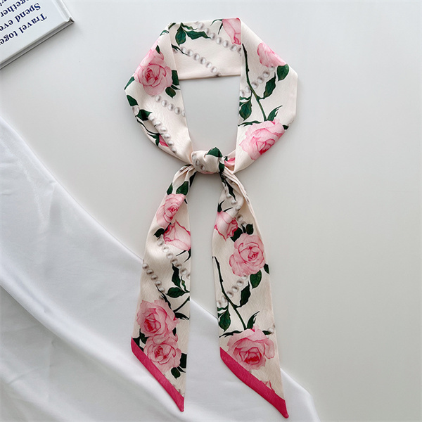 Small silk scarf womens thin long scarf tied hair bag decorated with streamer print silk neck scarf