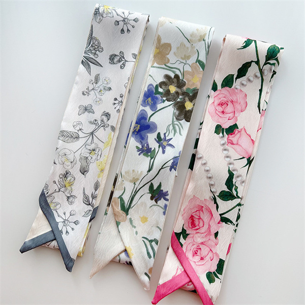 Small silk scarf womens thin long scarf tied hair bag decorated with streamer print silk neck scarf
