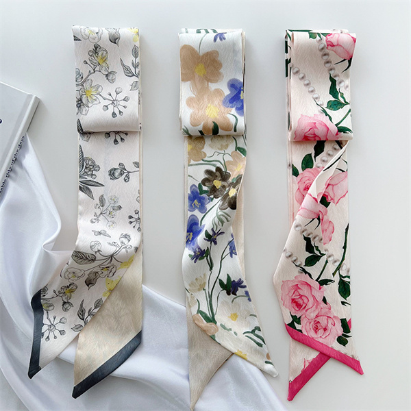 Small silk scarf womens thin long scarf tied hair bag decorated with streamer print silk neck scarf
