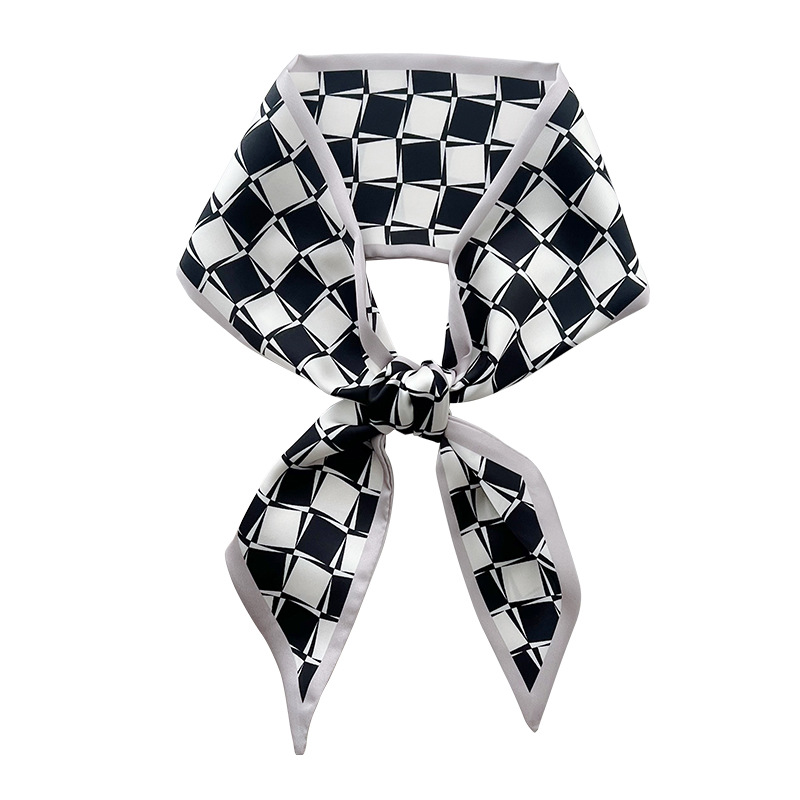 Small fragrant black and white silk scarf womens long strip imitation silk ribbon binding bag versatile scarf