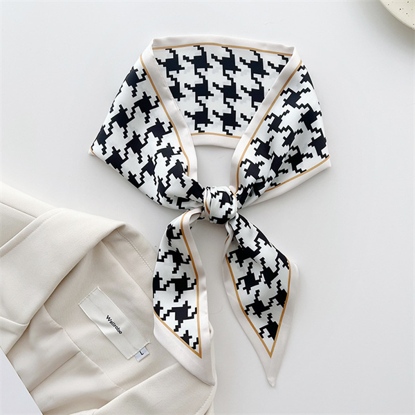 Small fragrant black and white silk scarf womens long strip imitation silk ribbon binding bag versatile scarf
