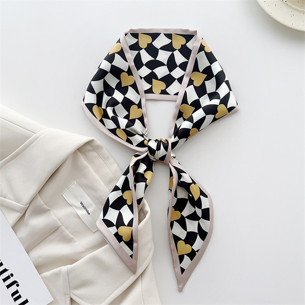 Small fragrant black and white silk scarf womens long strip imitation silk ribbon binding bag versatile scarf