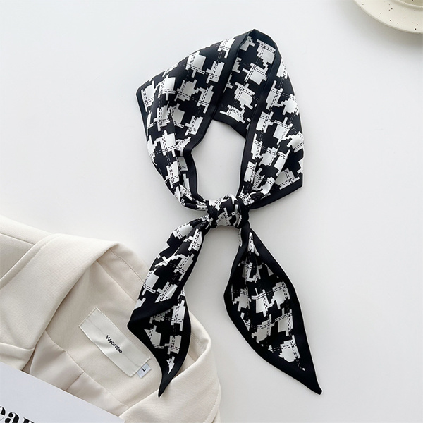 Small fragrant black and white silk scarf womens long strip imitation silk ribbon binding bag versatile scarf